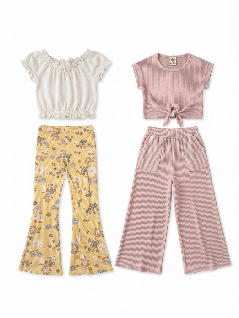 Lily Bleu Girls Matching Set - Cream, Yellow Floral, Dusty Rose